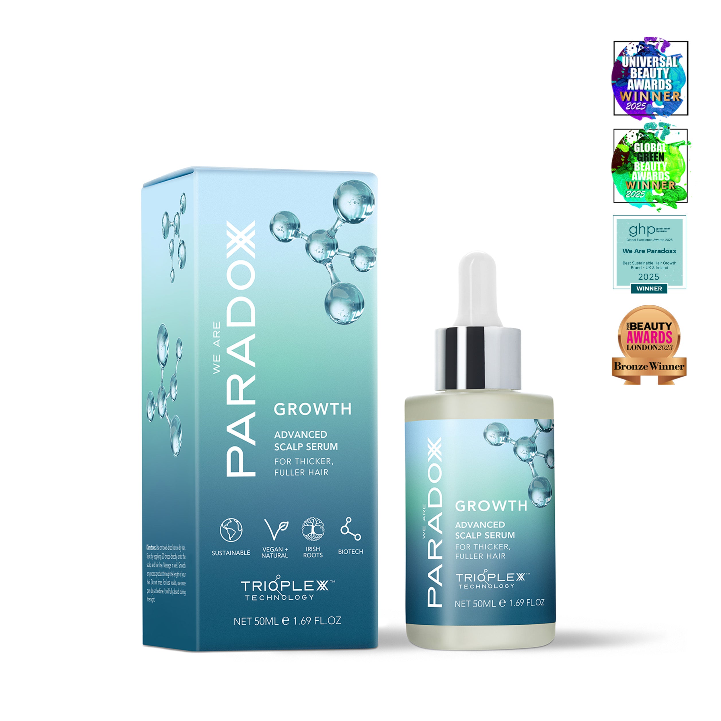 Paradox Growth Advanced Scalp Serum with packaging and awards on a white background