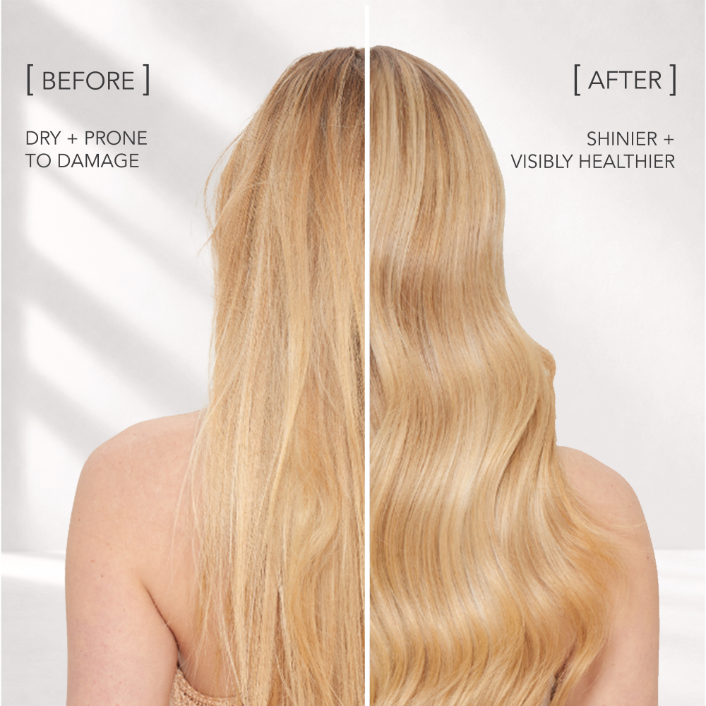 Before-and-after hair comparison showing dry, damaged blonde hair on the left and shiny, healthy blonde hair on the right, with text reading '[ BEFORE ]', '[ AFTER ]', 'DRY + PRONE TO DAMAGE', and 'SHINIER + VISIBLY HEALTHIER'.