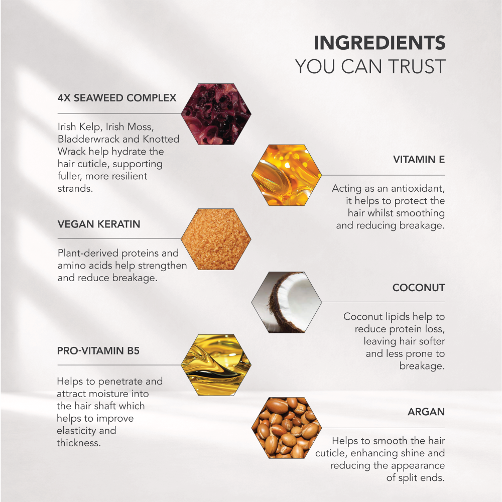 An infographic detailing the ingredients of a hair cuticle hair mask, featuring hexagonal icons and text for 4X Seaweed Complex, Vitamin E, Vegan Keratin, Coconut, Pro-Vitamin B5, and Argan on a light gray background with soft leaf shadows.