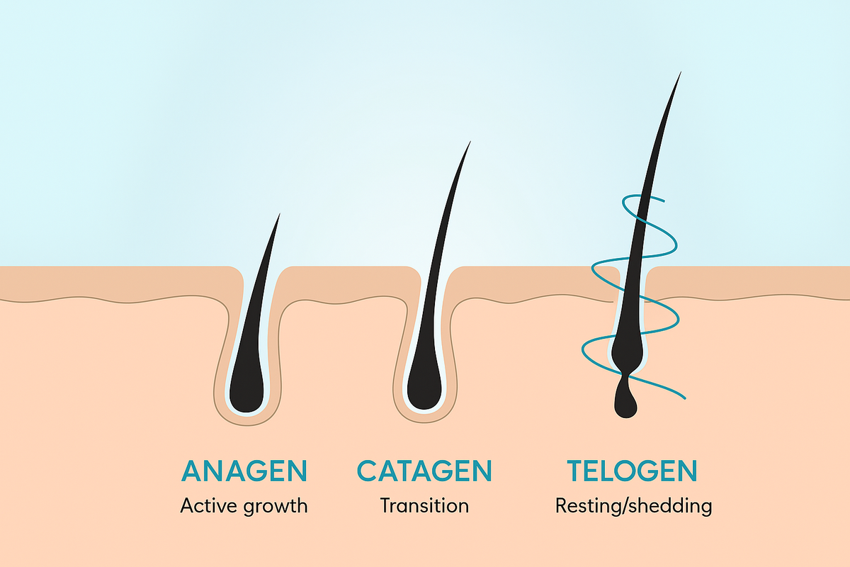 Hair growth cycle diagram showing anagen, catagen, and telogen phases.