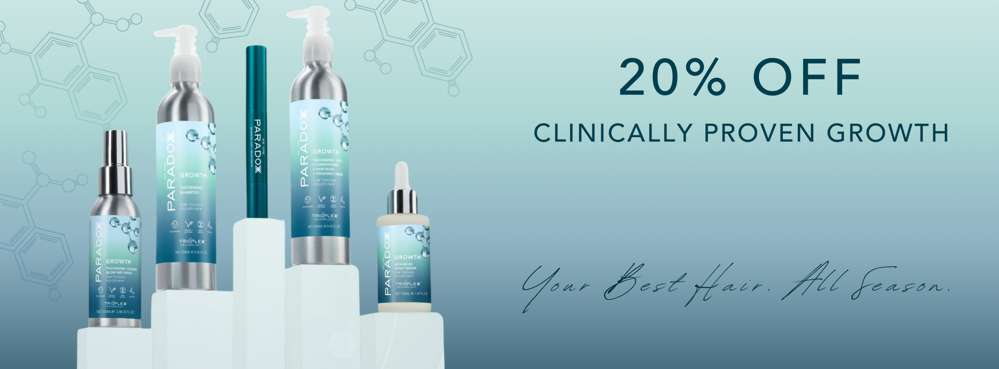 Paradoxx Growth Range shown with text reading 20% off clinically proven growth. Your Best Hair, All Season.