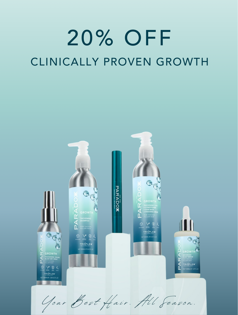 Paradoxx Growth Range shown with text reading 20% off clinically proven growth. Your Best Hair, All Season.