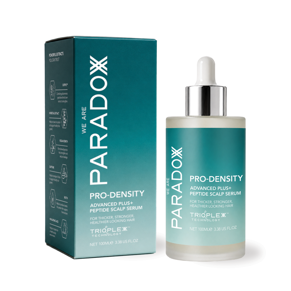 Paradox Pro-Density Advanced Plus Peptide Scalp Serum bottle beside box